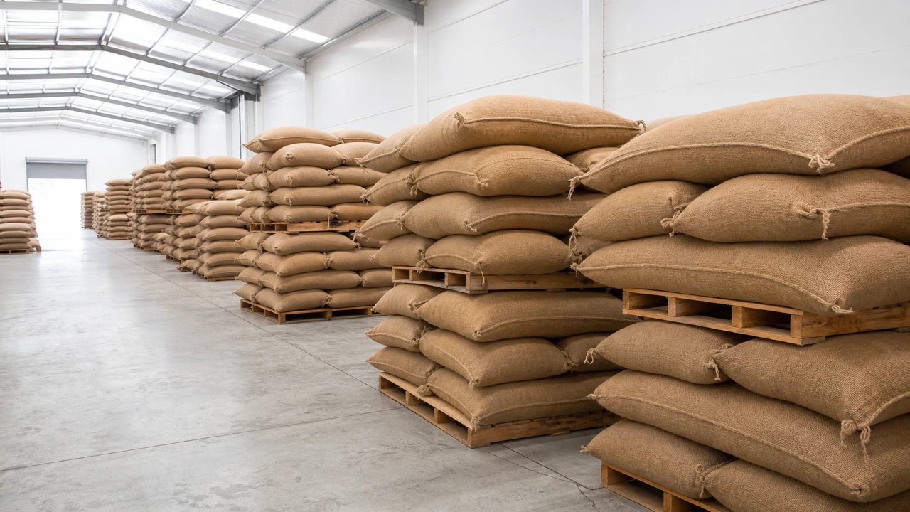 Nguyên liệu thô thực vật số lượng lớn trong các bao tải vải bố trên pallet kho